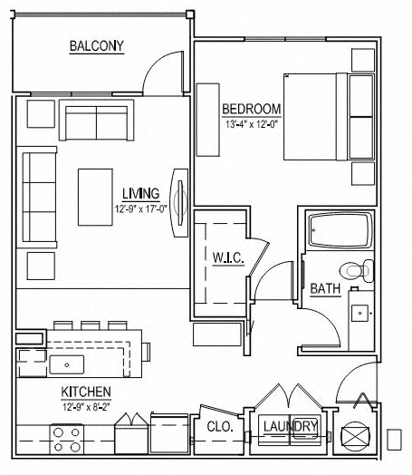 Floor plan for 1 bed, 1 bath, 873 sqft